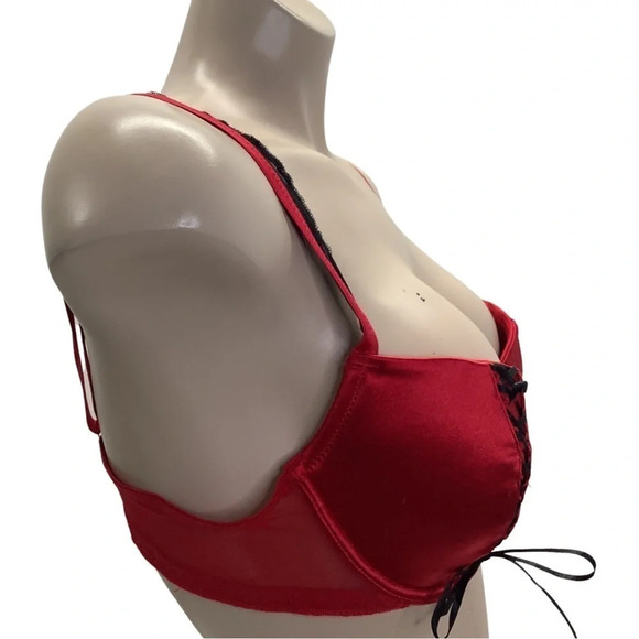 Popsi Lingerie Size 36C Red Lace Up Underwire Bra W/Mesh Ruffle Trim (Preowned) - Picture 4 of 8